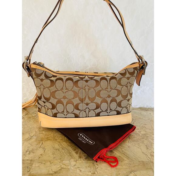 Vtg COACH signature canvas tan fabric convertible shoulder bag 9363 Y2K - Picture 1 of 10